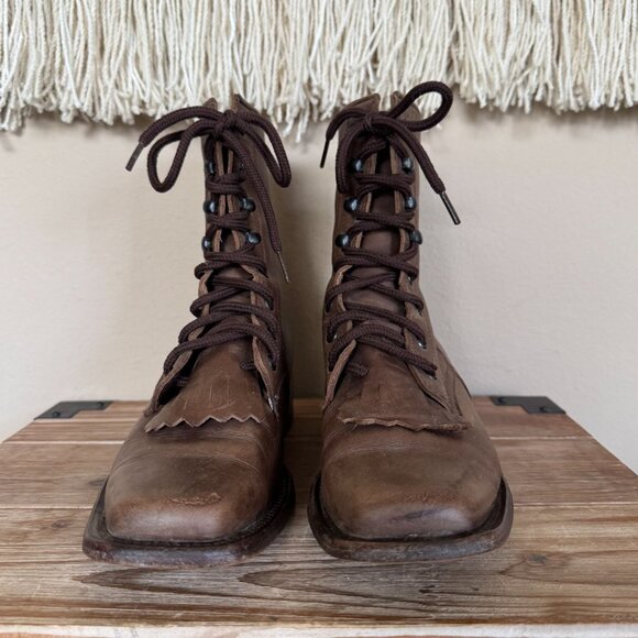 Raywelt Brown Leather Square Toe Fringe Roper Lace Up Ankle Boot Size  7.5 - Picture 4 of 17